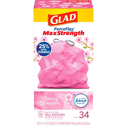Glad Tall Kitchen Trash Bags 13 Gallon, MaxStrength Cherry Blossom Garbage Bags, Odorshield with Drawstring, 34 Count - size: 34 Count (Pack of 1)