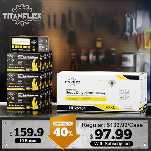 TitanFlex Heavy Duty Industrial Nitrile Gloves with Raised Diamond Texture, 6-mil, Latex Free (Dark Green/Yellow) - color: 06 Yellow (1000ct), size: Medium