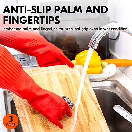 Vgo... 3-Pairs Dishwashing Gloves, Reusable Household Gloves, Long Sleeve, Thick Latex, Cleaning, Washing, Working, Painting, Gardening, Pet Care (Size L, Red, RB2143) - size: Large
