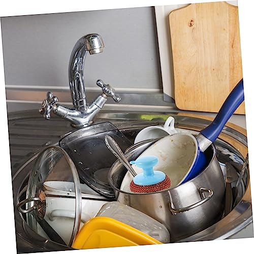 FRCOLOR 5-Piece Metal Scrubber Set with Short Handle Random Color for Pot and Pan Cleaning Heavy Duty Dish Cleaning Brush Kitchen Scouring Tool