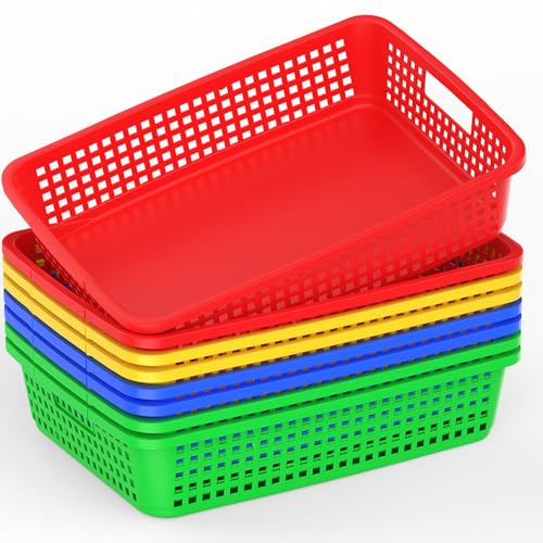 8 Pack Classroom Storage Baskets 15''x10''x3'' Large Plastic Paper Trays with Handle Letter Size A4 Paper Toy Basket Turn in Trays for Library Office Desk Drawer Organizing (8, Bright Color) - color: Bright Color
