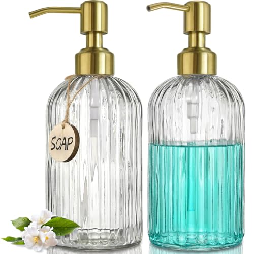 JASAI 2PACK 18Oz Fluted Glass Soap Dispenser with Golden Rust Proof Pump, Refillable Kitchen soap Dispenser with Vertical Stripe, Bathroom Soap Dispenser for Dispense Hand soap, Dish Soap, Lotion. - color: Clear-golden Pump-2p, size: 2 Pack