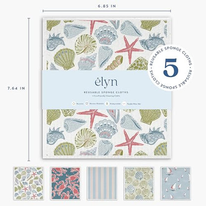 ELYN Swedish Dishcloths, Reusable & Washable Sponge Cloths, Absorbent Cleaning Paper Towels for Kitchen, Dishes, Counters and More, 5 Pack, Classic Coastal - color: Classic Coastal