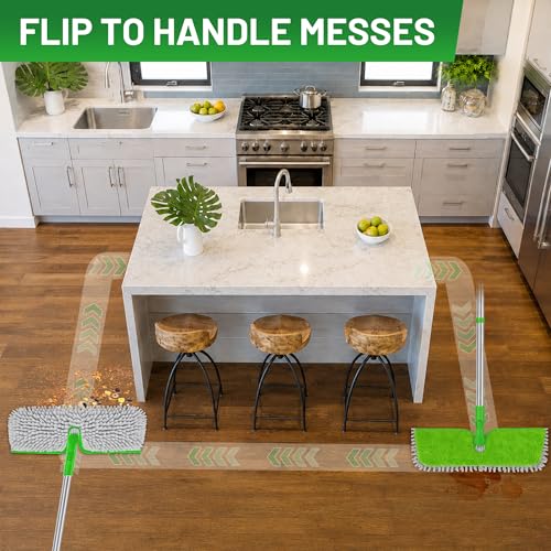 2-Sided Microfiber Dust Mop for Hardwood Floors & Walls | Flat Flip Head, Wet Dry Use, 3 Chenille & Microfiber Pads, 58" Handle, 360° Swivel, Sweep Pet Hair, Tile, Laminate, Kitchen - size: 15" Mop-G