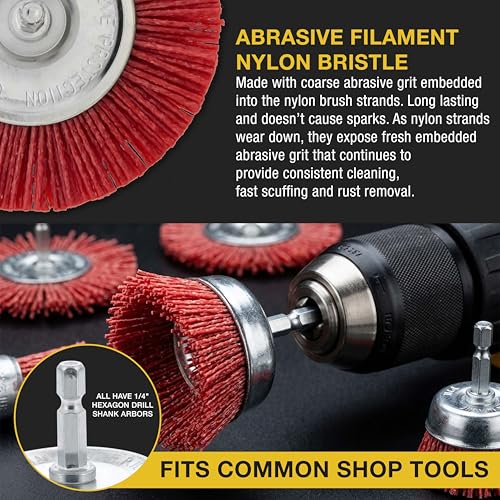 Dura-Gold 6 Piece Abrasive Filament Nylon Bristle Cup Brush Set - 1/4" Hex Drill Shank Arbor, Coarse Grit Angle Grinder Brush for Truck Bed Liner Surface Prep, Sanding, Scuffing, Rust & Paint Removal