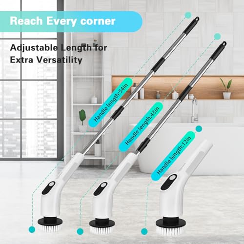 Electric Spin Scrubber, Waterproof Cordless Shower Cleaning Brush with Replaceable Brush Heads and Adjustable Extension Handle 2 Speeds for Bathtub Kitchen Wall Cleaning