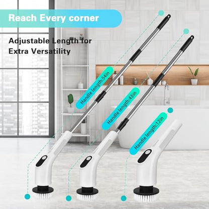 Electric Spin Scrubber, Waterproof Cordless Shower Cleaning Brush with Replaceable Brush Heads and Adjustable Extension Handle 2 Speeds for Bathtub Kitchen Wall Cleaning