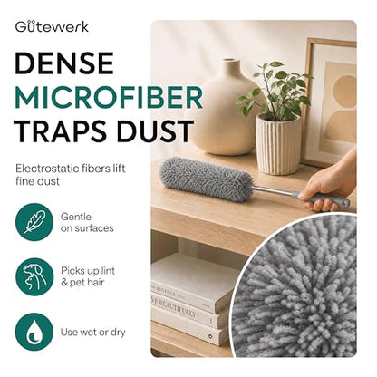 Gütewerk Extendable Microfiber Duster, 55 Inch - Feather Dusters for Cleaning Ceiling Fans, Blinds, Baseboards & High Ceilings - Washable, Electrostatic, 360° Bendable Head, Stainless Steel Pole - color: Gray, size: up to 55 inch