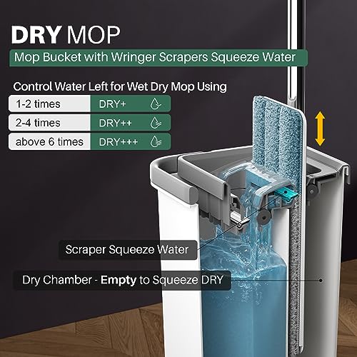 JOYMOOP Flat Mop System, Microfiber Mop and Bucket Set, White, Hands-Free Floor Cleaning System with Wringer, Wet and Dry Use, 60" Handle, Includes 4 Reusable Pads - size: Middle Bucket #13 + 60" Flat Mop + 4 Pads