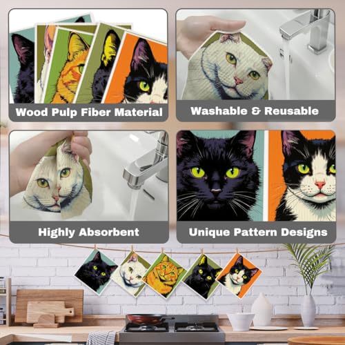 5 Pcs Cat Portrait Swedish Dishcloths, Kitten Themed Swedish Dishcloth, Spring Summer Dish Cloths for Drying Dishes, Reusable Cleaning Cloths, Housewarming Gifts for Women - color: Lm 04247