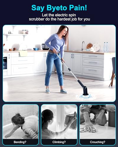 Shower Scrubber with Long Handle for Cleaning Bathroom, Electric Spin Scrubber Cleaning Brush with IPX7 Waterproof & 2Speed, 3Brush Heads, Bathroom Cleaning Supplies for Shower Tub Tile Toilet, Black - color: Black