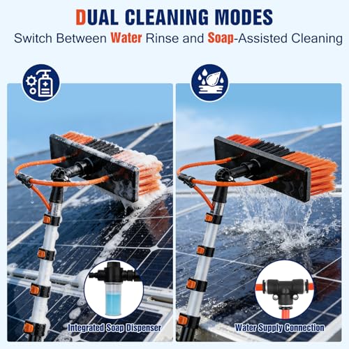 Up to 24FT Reach Water Fed Pole Window Cleaning Kit, 18FT Telescopic Extension Pole with 180° Rotating Brush & Built-in Soap Dispenser for Solar Panels, Windows, RVs, Gutters & Exterior Walls