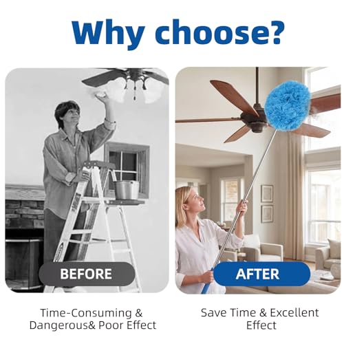 Ceiling Fan Cleaner Duster - Reusable Microfiber Ceiling Fan Blade Cleaner, Long Handle, Dust-Locking, Reusable, Bendable Head Attachment with Soft Grip for Ceiling Fan & High Furniture Surfaces