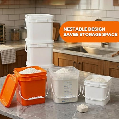 DEMORA 1Gallon Food Grade Square Plastic Bucket with Lid, Airtight Storage Container, Reusable Pail for Kitchen Food Water Ice Cream Household Use (White, 4Pcs) - color: White