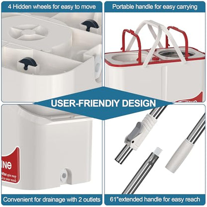 Gen 1 Large-Capacity Spin Mop and Bucket – for Big Homes & Deep Cleaning Days,4-Chamber System Separates Dirty & Clean Water, 2-GAL Heavy-Duty Design with Wheels & 6 Refill Mop Heads - White/Red - size: White/Red+6 Mop Heads