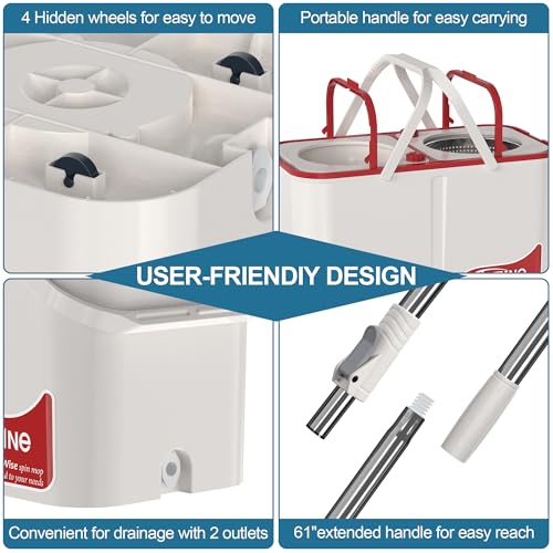RinseWise Large Gen 1 Spin Mop and Bucket with Wringer, 2 Gal Clean Water Capacity, 4-Chamber Clean & Dirty Water Separation, 61" Handle, 4 Swivel Wheels, 6 Microfiber Heads for Hardwood & Tile Floors - size: Large Gen 1-White/Red+6 Mop Heads