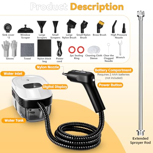 2500W Portable Handheld Steam Cleaner, 54oz Large Water Tank, 3-Level Adjustable Handle, 15s Fast Heating Steam Steamer with 20 Pcs Accessories, Plug-and-Play Design for Home Kitchen Car Cleaning
