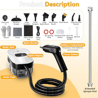 2500W Portable Handheld Steam Cleaner, 54oz Large Water Tank, 3-Level Adjustable Handle, 15s Fast Heating Steam Steamer with 20 Pcs Accessories, Plug-and-Play Design for Home Kitchen Car Cleaning