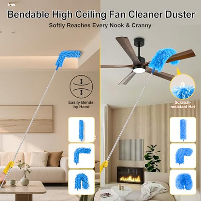 Tiumso 5-in-1 Microfiber Duster Kit with 100” Extension Pole – Reinforced Stainless Steel Telescopic Handle for High Ceiling Fans, Cobwebs & Vents – Multi-Head Dusters for Cleaning with Anti-Spin Pole - color: Sky Blue