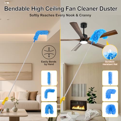 Tiumso 5-in-1 Microfiber Duster Kit with 100” Extension Pole – Reinforced Stainless Steel Telescopic Handle for High Ceiling Fans, Cobwebs & Vents – Multi-Head Dusters for Cleaning with Anti-Spin Pole - color: Sky Blue