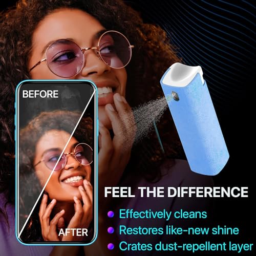 IO CLEAN Mini Screen Cleaner Spray – Finger Proof Screen Cleaner for Smartphones, iPads, MacBooks, Laptops, Car Screens, Touchscreens – 3 in1 Mist Cleaner, Microfiber Cloth and Protective Cover (Blue) - color: Blue