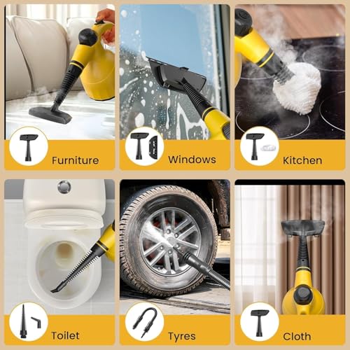 Handheld Steam Cleaner: Multi-Surface Steamer with 10 PCS Accessories Pressurized Natural Steam Cleaner for Home Cleaning Dirt, Grease, Grout, Tile, Floor, Couch and Car-Yellow