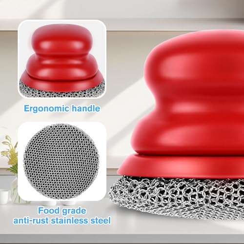 Cast Iron Scrubber and Scraper, Chain Mail Scrubber Cast Iron for Cleaning Dishes, Stock Pots, Pans, Griddles, Grills, Dish Scouring Pads - color: Red Fine Mesh