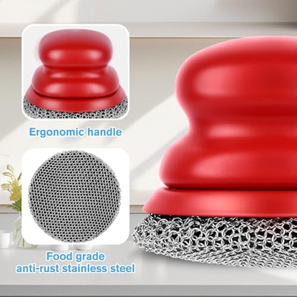 Cast Iron Scrubber and Scraper, Chain Mail Scrubber Cast Iron for Cleaning Dishes, Stock Pots, Pans, Griddles, Grills, Dish Scouring Pads - color: Red Fine Mesh