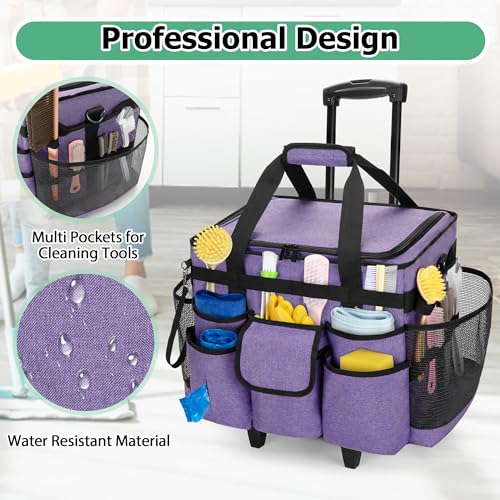 LoDrid Rolling Cleaning Caddy with Lid, Cleaning Supplies Organizer with Detachable Trolley, Cleaning Caddy Cart on Wheels with Handle and Shoulder Strap for Housekeepers, Purple, Bag Only - color: Purple