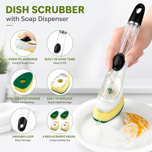 Dish Brush with Soap Dispenser, Dish Scrubber with Handle, Kitchen Sponge Brush for Washing Dishes Pots
