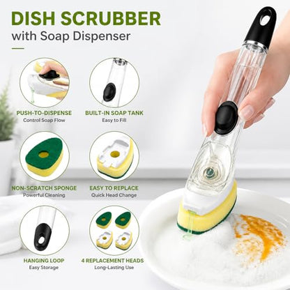 Dish Brush with Soap Dispenser, Dish Scrubber with Handle, Kitchen Sponge Brush for Washing Dishes Pots