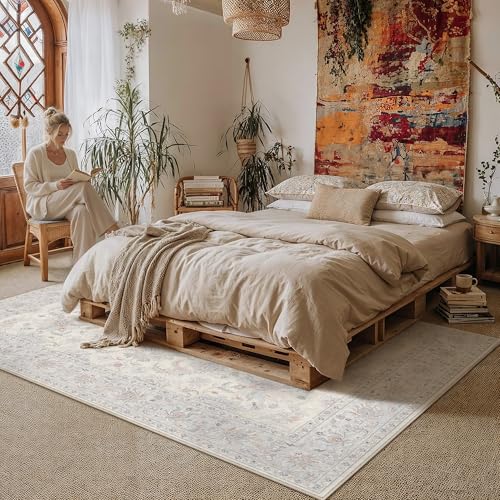 HUGEAR 6x9 Area Rug Cream Blue Vintage Machine Washable Rug Distressed Living Room Carpet Room Decor Low Pile Non Slip Throw Rugs for Bedroom Dining Room Office Soft Lightweight - color: Cream Blue, size: 6' x 9' (Rectangular)