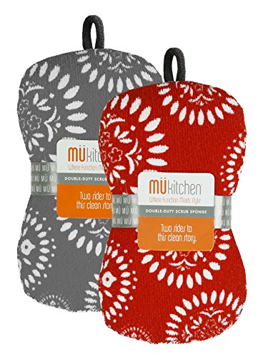 MÜkitchen Premium Microfiber Sponge Set for Dishes and Cleaning, 2 Pack, Printed (Meallion Gray/Red) (Meallion Gray/Red) - color: Meallion Gray/Red