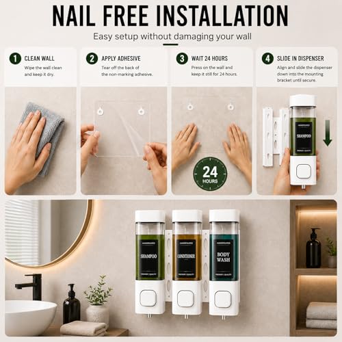 Shampoo and Conditioner Dispenser, Shower Shampoo Dispenser 3 Chamber No Drill, Shampoo and Conditioner Bottles for Bathroom Hotel Large Capacity(White) - color: White