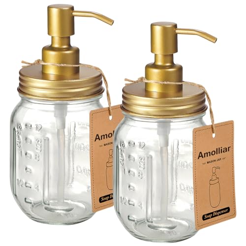 Amolliar Mason Jar Liquid Soap Dispenser -Rustproof Stainless Steel Farmhouse Decor for Bathroom Vanities,Kitchen Sink/ Liquid Soap Pumps for Hand Soap,Dish Soap,Lotions/Golden -2 Pack - color: Golden, size: 2 Pack
