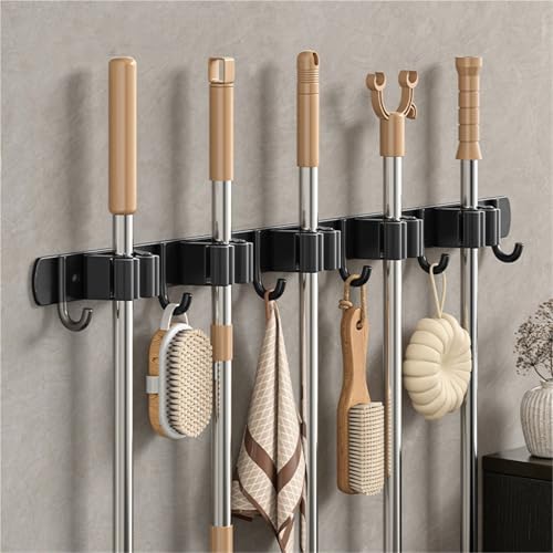 Broom Holder，Stainless Steel Mop Holder, No Drilling, Cleaning Supplies Organizer，Versatile Mop Hook, Wall Mounted Bathroom Broom Storage Clip,Laundry Room Organization，Home Improvement.(Black,5 clips
