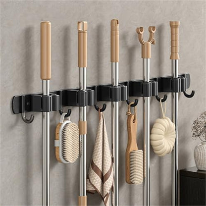 Broom Holder，Stainless Steel Mop Holder, No Drilling, Cleaning Supplies Organizer，Versatile Mop Hook, Wall Mounted Bathroom Broom Storage Clip,Laundry Room Organization，Home Improvement.(Black,5 clips