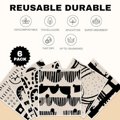6 Pack Washable Swedish Dishcloths, Geometric Super Absorbent Cellulose Sponge Cloths, Reusable No Odor Dish Towels for Kitchen Dish Washing, Eco Home Cleaning - color: Multi 1520