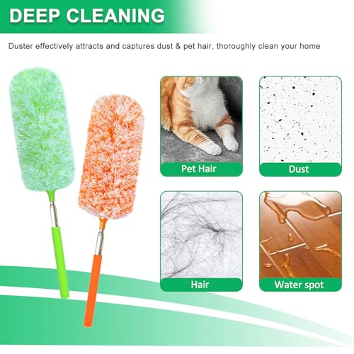 2 Pack Extendable Microfiber Feather Duster, Electrostatic Microfiber Head, Up to 30 Inch Extension Pole, Car Duster, Telescoping Feather Dusters for Cleaning