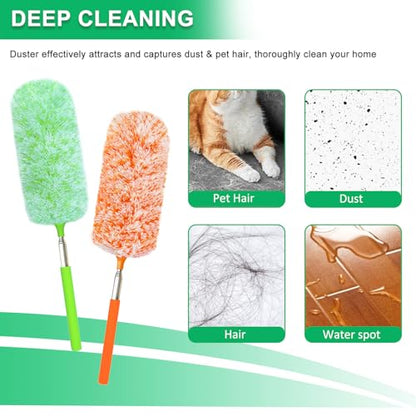 2 Pack Extendable Microfiber Feather Duster, Electrostatic Microfiber Head, Up to 30 Inch Extension Pole, Car Duster, Telescoping Feather Dusters for Cleaning
