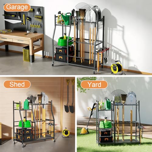 Garden Tool Organizer with Wheels for Garage, Freestanding Garage Tool Organizer, Yard Tool Holder, Garden Tool Cart for Long Handled Tools,Rakes, Brooms, Yard Storage Rack for Shed, Indoor, Outdoor
