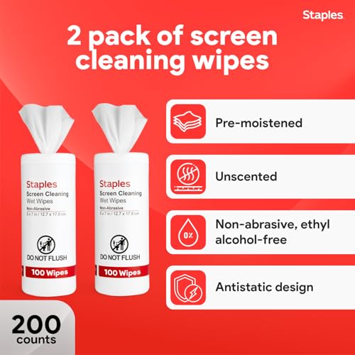 Staples Screen Cleaning Wipes – 100 per Tub, Safe for Monitors, Laptops & Electronics, 2‑Pack - size: 2 Pack
