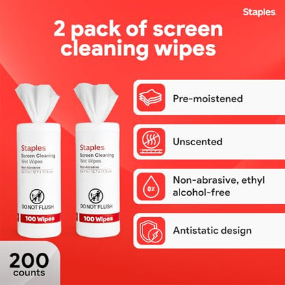 Staples Screen Cleaning Wipes – 100 per Tub, Safe for Monitors, Laptops & Electronics, 2‑Pack - size: 2 Pack
