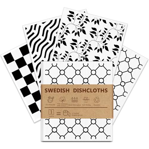 4 PCS Swedish Dishcloths, Geometric Pattern Reusable Kitchen Dish Cloths, Super Absorbent Cellulose Sponge Cloths, Odor Resistant, Dishwasher Safe & Multi-Purpose Cleaning Cloths - color: Geometric Pattern