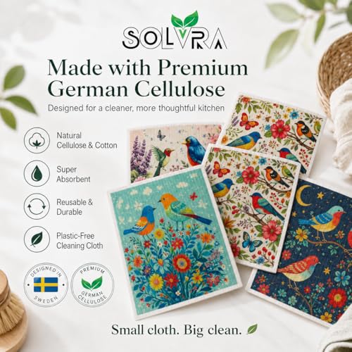 10 PCS Birds Print Swedish Dishcloths for Kitchen 100% Biodegradable, Reusable Cellulose Sponge Cloths Ultra Absorbent, Eco Friendly Cleaning Towels Dishcloths for Washing Dishes & General Cleaning - color: 10 Pcs-birds Print