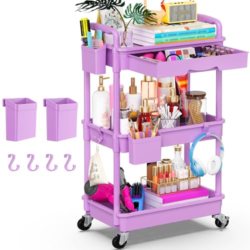 Goovilla 3 Tier Rolling Utility Cart Organizer with Removable Drawer, Stable and Sturdy Purple Rolling Storage Carts with 2 Lockable Wheels for Bathroom, Kitchen, Snack, Craft, Makeup, Baby Essentials - size: 3 Tier, style: Purple