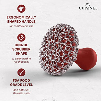Cuisinel Cast Iron Chainmail Scrubber + Pan Scraper - The Patented Original Ergonomic Stainless & Silicone Pot & Skillet Cleaner - Premium Food-Safe Design - Easy Clean Dishwasher Safe Cookware Sponge - color: Red, size: Standard
