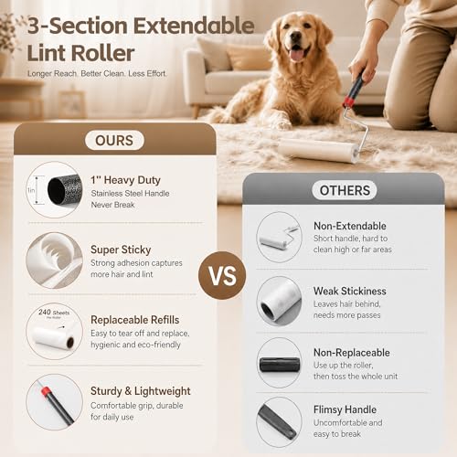 Pet Hair Lint Roller, Extra Sticky – 9.45" Wide Large Roller with 240 Adhesive Sheets, 51" Long Handle Sticky Mop for Carpet, Floor, Couch, Bed Sheets – Home Cleaning