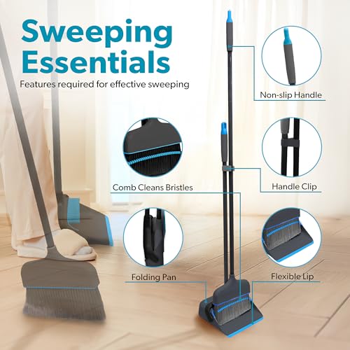 BLACK+DECKER Butler Broom & Dustpan Set - Short Handle, Stand-Up Design - Lightweight, Space-Saving Combo for Kitchen, Living Room, Bathroom, Lobby Floors - Home Cleaning Essential, Black/Blue - size: Black Butler Broom & Dustpan