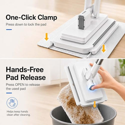 Hands Free Flat Mop with 5 Reusable Pads, One-Click Cloth Release, 53-Inch Extendable Stainless Steel Handle, Microfiber Mini Mop with Wall Holder for Hardwood, Tile, Bathroom, Kitchen and Glass